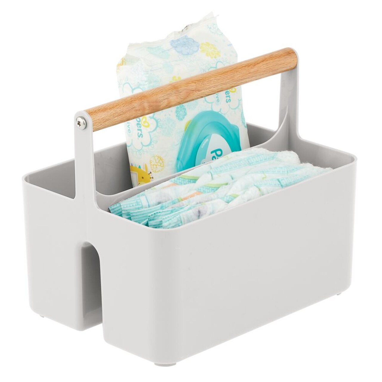 mDesign Plastic Portable Nursery Storage Caddy Tote with Wood Handle